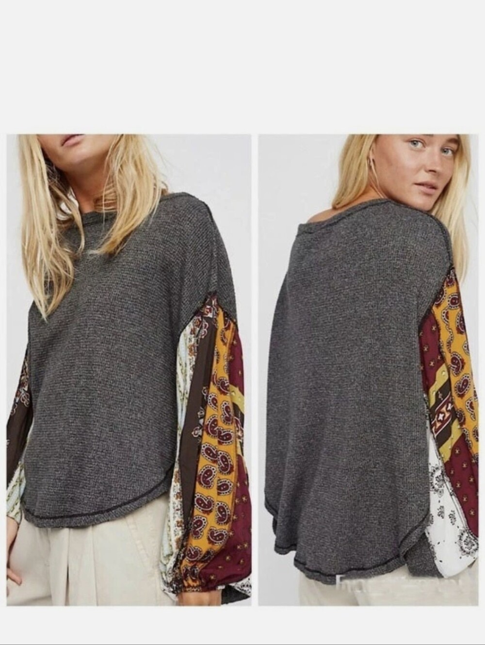 We The Free Blossom ThermalCharcoal Knit Sweater with Paisley Sleeve Sz.S